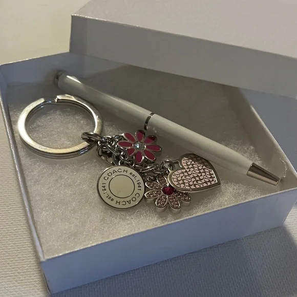Coach Pink and Silver Floral Heart Keychain and White Coach Pen - Picture 6 of 6